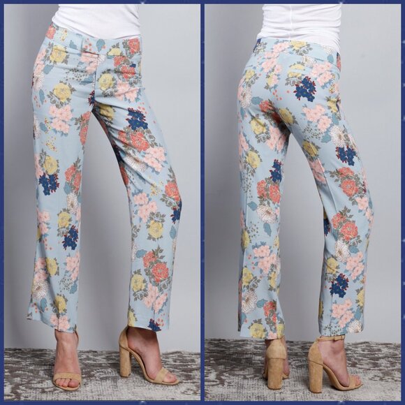 Sz 00- Smythe Mid-Rise Cropped Length Baby Blue Floral Flood Trouser Pants - Picture 1 of 15